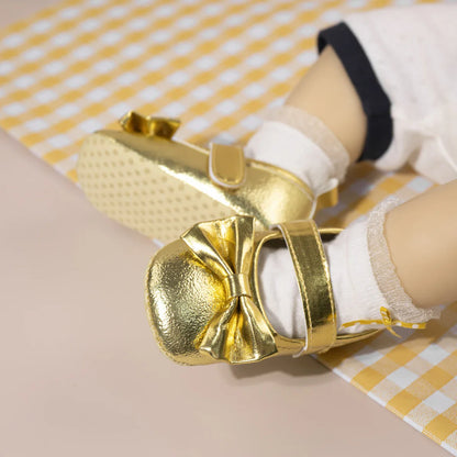 Gold Tie Cute Bow Flower Baby Princess Shoes Wedding Birthday Party Non-Slip Soft Sole Baby Toddler Shoes