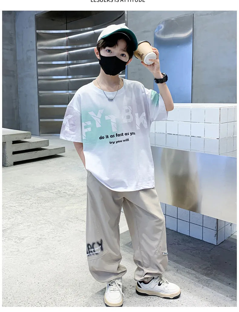 Teenager Boys Clothes Casual Outfit Kids Gradient Tracksuit Child t shirt + ankle tie pant
