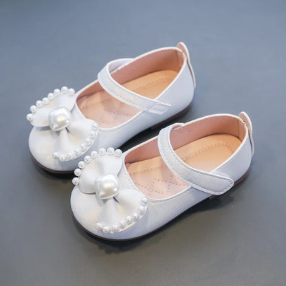 Girl's Leather Shoes Casual Simple Bowtie with Pearls 2024 New Flat Shoes Soft Sole Baby Kids Dress Shoes Children Party Flats