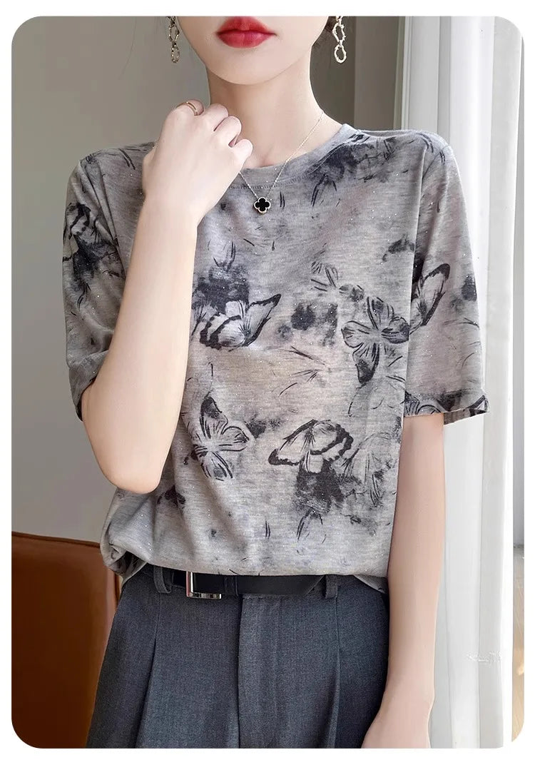 Retro Tie Dye Print Silk Wool ort Sve T irt Women Summer Loose Slimming Thin  Silk f Sve Top