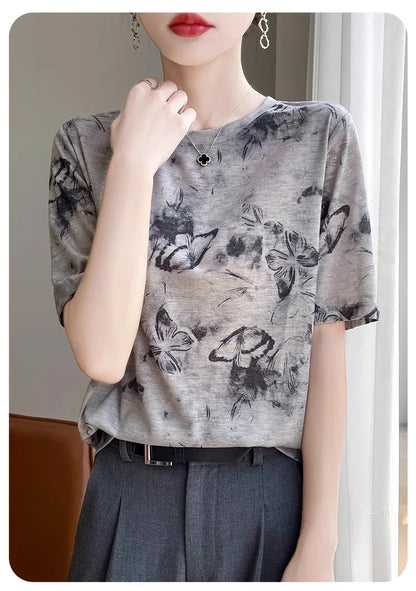 Retro Tie Dye Print Silk Wool ort Sve T irt Women Summer Loose Slimming Thin  Silk f Sve Top