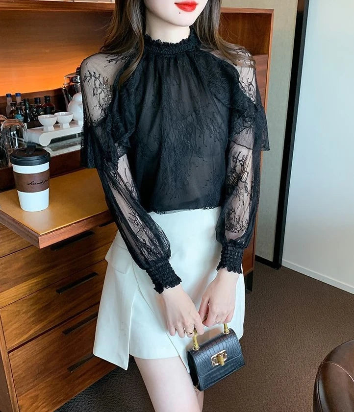 Chiffon Women's Shirt and Blouse Lace Flowers Luxury Designer Youthful Woman Clothes Vintage Clothing Female Tops Trend 2025 New
