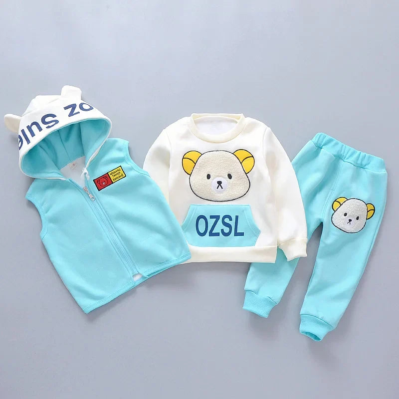 Baby Hooded Tracksuit Set with hooded vest, long sleeve T-shirt, and pants for baby boys and girls