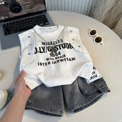 New Boys Sleeveless Vest Denim Shorts 2PC Sets Outdoor Festival Clothing Vintage Print Kids Miracle Design 2-10 Years White Tops