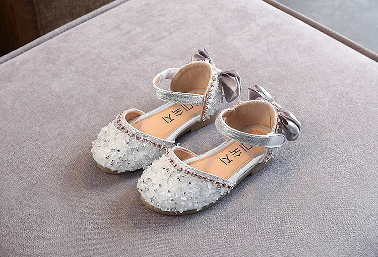 2023 Crystal Bow Single Shoes Summer Girls Fashion Princess Soft Shoes Children Pu Leather Flat Baby Rhinestone Sandals A986