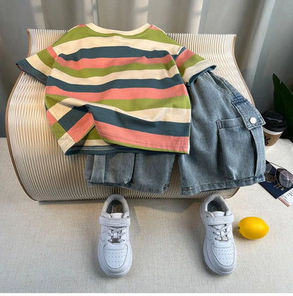 Hot Sale Fashion Baby Boy Suit Summer Clothes Short Sleeve T-shirt Short Jeans 2 Piece Set Kids Outfit Children's Costume