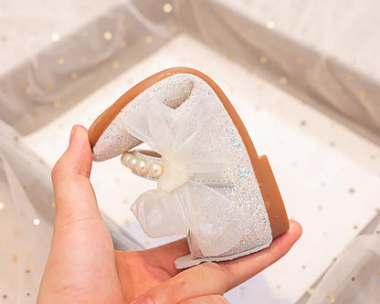 Fashion Girls Mary Janes for Party Wedding Shows Bow Pearls Elegant Princess Shoes Chic Kids Shoes Non-slip Children Fashion
