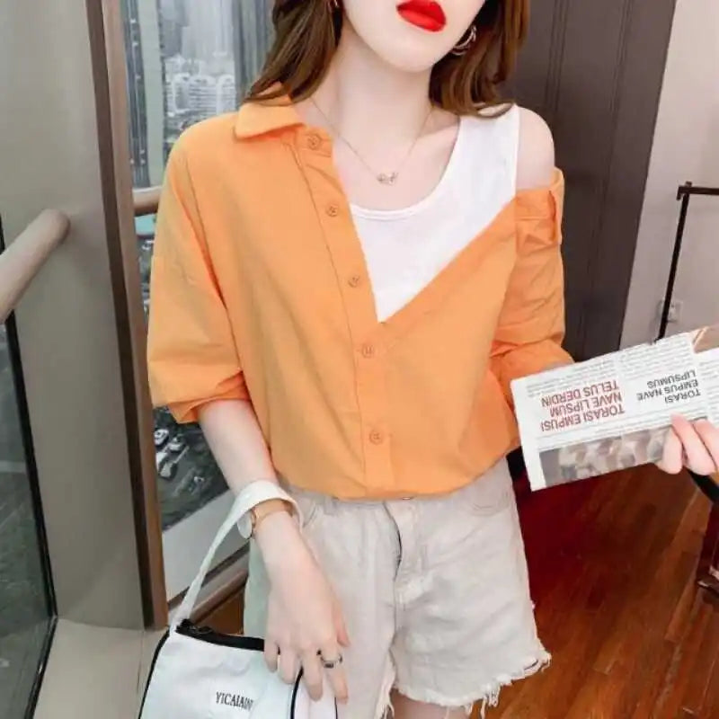 Sexy oulder Bared Fake Two-Piece irt Women's Summer New Faion Small Design ort Sve Top Korean Sle Loose Fit