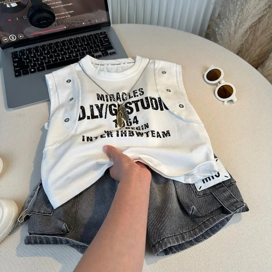 New Boys Sleeveless Vest Denim Shorts 2PC Sets Outdoor Festival Clothing Vintage Print Kids Miracle Design 2-10 Years White Tops