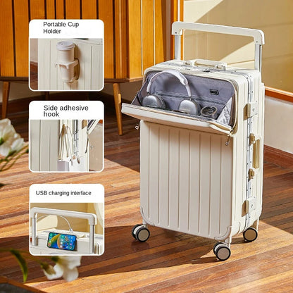 Front Opening Wide Handle Suitcase 20 inches Carry-on Cabin Suitcase Multifunctional Travel Luggage Zipper Aluminum Frame