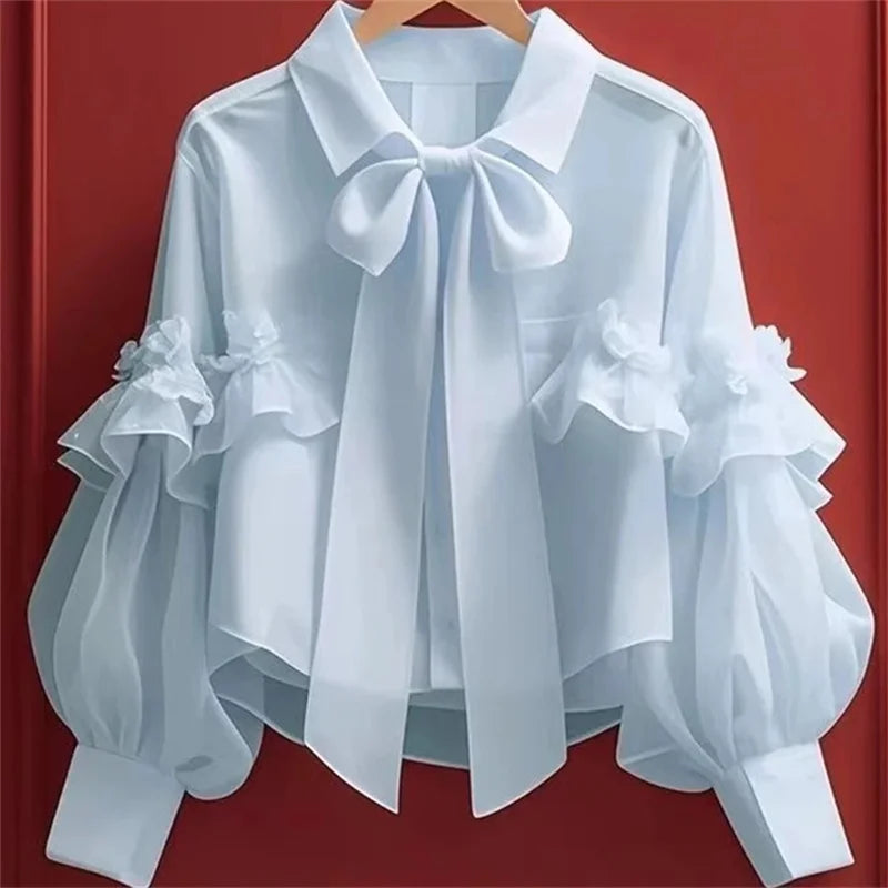 Spring Autumn New Women French Sweet Blue Bow Short Shirt Elegant Versatile Loose Cardigan Ladies Long-sleeved Blouse Tops