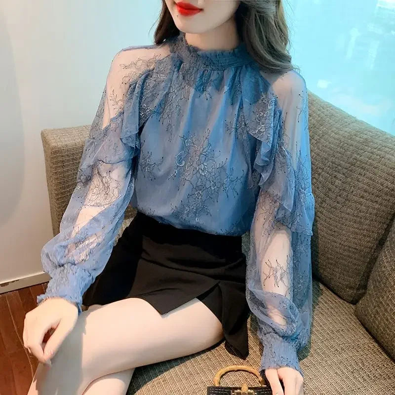 Chiffon Women's Shirt and Blouse Lace Flowers Luxury Designer Youthful Woman Clothes Vintage Clothing Female Tops Trend 2025 New
