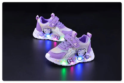 Hello Kitty Led Casual Sneakers for Summer Girls Print Mesh Breathable Shoes Children Lighted Non-Slip Cute Outdoors Sport Shoes