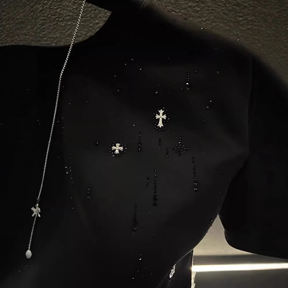 Spring New Heavy Work Light Luxury Custom Short Sleeve T-shirt Top Meteor Full Diamond T-shirt Round Neck Short Sleeve