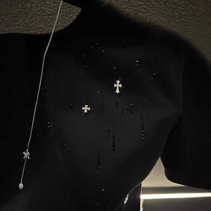 Spring New Heavy Work Light Luxury Custom Short Sleeve T-shirt Top Meteor Full Diamond T-shirt Round Neck Short Sleeve