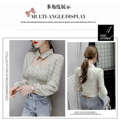 2025 Floral Chiffon Shirt New Spring Summer Women Collect Waist Hollow Out Tops Vintage Blouse Women Longsleeve Short Shirt 3XL
