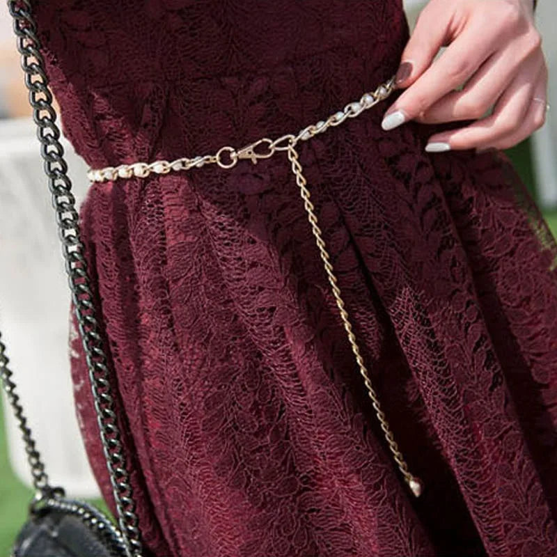 Women's Dress Accessories Waist Chain Metal Chain Solid Pearl Versatile Apparel Accessories Pearl Thin Waist Belts