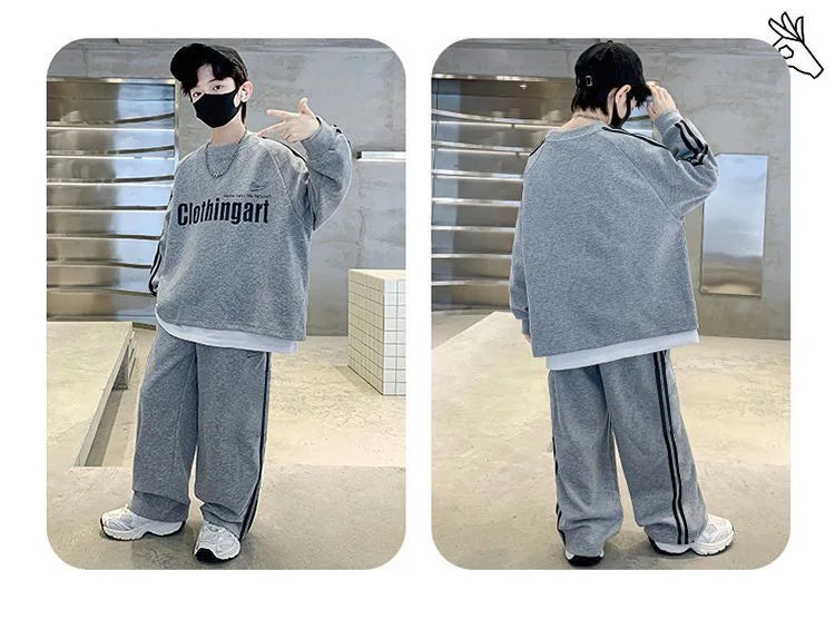 Teenager boys Suit autumn winter Cloth letter striped sweatshirt hooded + wide leg Pants tracksuit 5 8 10 12 Year Child set