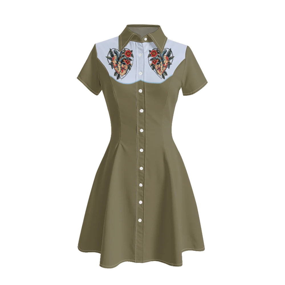 Women's Western Shirt Dress with Music Notes and Dolphin Print Cowboy Collar Button Up Pure Cotton Midi Dress Casual Boho Style