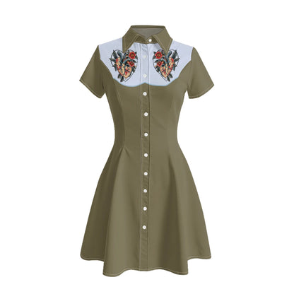 Women's Western Shirt Dress with Music Notes and Dolphin Print Cowboy Collar Button Up Pure Cotton Midi Dress Casual Boho Style