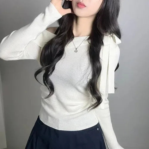 Women's Knitted Sweater Chic oulder Bow Design Long Sve Sweet Inner Wear Base irt Korean Sle Faionable Top