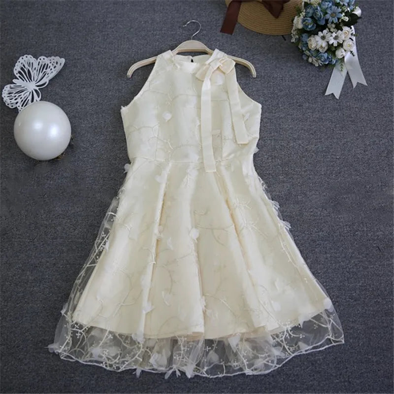 Elegant Floral Jacquard Embroidery Party Dress New Summer Women Tie Bow Mesh Dress Lady High Waist Short Sleeveless Tank Dresses