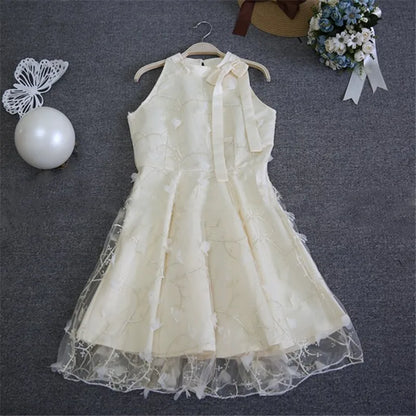 Elegant Floral Jacquard Embroidery Party Dress New Summer Women Tie Bow Mesh Dress Lady High Waist Short Sleeveless Tank Dresses