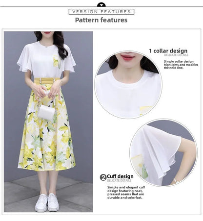 Floral Print Chiffon Dr Set Women's Summer Faion Slimming ular f-length Skirt Two-piece Set round Ne ort Sve