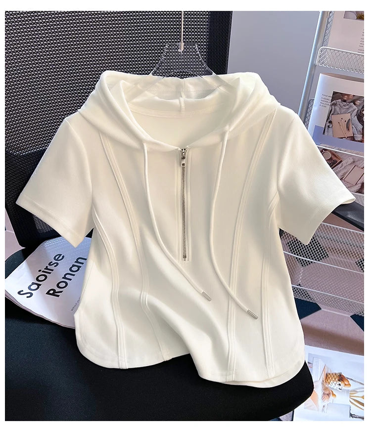 Summer New Women's Zipper Hoodie ort Sve T-irt Pure Cotton Slim Fit ort Fibone Top Korean Sle Commute Faion