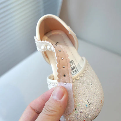 Girl's Princess Shoes Pearl Round Toe Glitter Sweet Kid's Flat Shoe Solid Colors Anti-slip Cute Party Daily Children Shoe