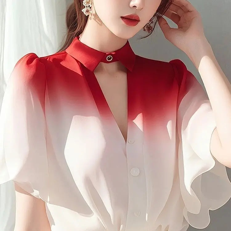 Gradient Shirt for Women with Mature French Lotus Leaf Sleeve Fairy Chiffon Top