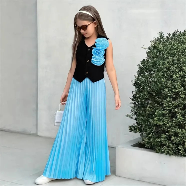 Little Girls' Color - Block Fashion Two - Piece Set: 3D Floral Sleeveless Vest + High - Waisted Pleated Wide - Leg Pants