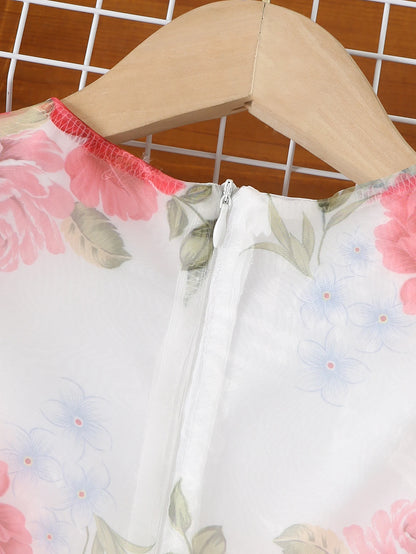 Girl's Summer Princess Dress With Ruffled Bubble Sleeves And Flower Print In Organza For Kids