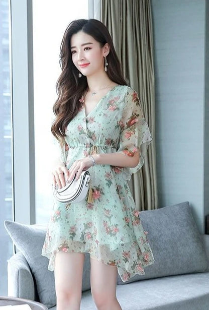 Chiffon Floral V-neck Ruffle Woman Dress Promotion Elegant and Pretty Korean Style Fashion Summer 2025 Chic Dresses for Women