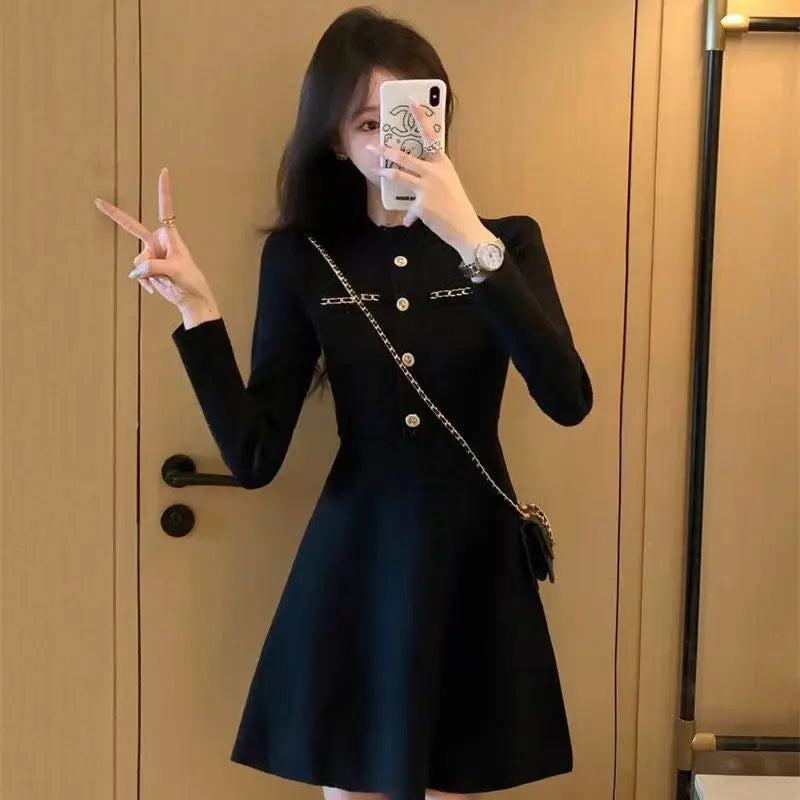 Fashionable Knitted Dress for Women's Spring Clothes Style Waist-hugging Temperament Elegant and Casual Versatile Dress Inside