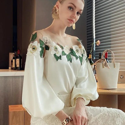Embroidered Heavy Work Satin Patchwork irt Women's Sle Spring New Arrival Long Sve round Ne Fly Sve Lace Top