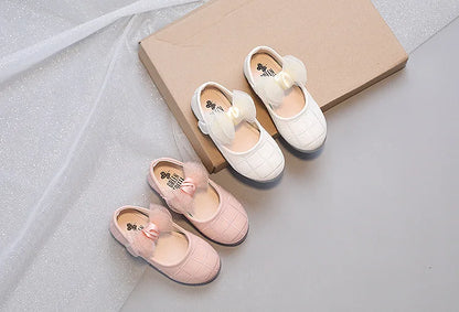 Korean Style Kids Solid Color Embroidered Leather Shoes Girls Big Bow Mesh Flower Princess Flat Dance Shoes
