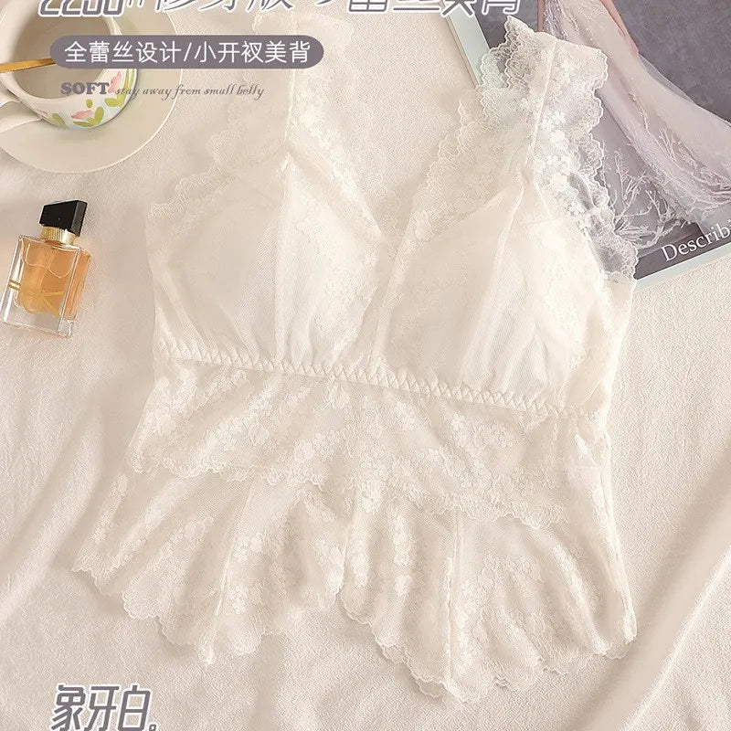 Lace White Strap Vest Women Summer Outdoor Wear with Chest Pad Beautiful Ba Base Inner Match V-ne Svel Top Women
