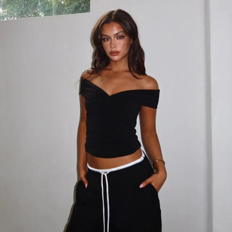 Faionable Pure Color Knot Fold over One oulder ort Crop Top T-irt Street Sle Slim Fit Polyester Summer New Arrival