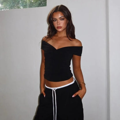Faionable Pure Color Knot Fold over One oulder ort Crop Top T-irt Street Sle Slim Fit Polyester Summer New Arrival