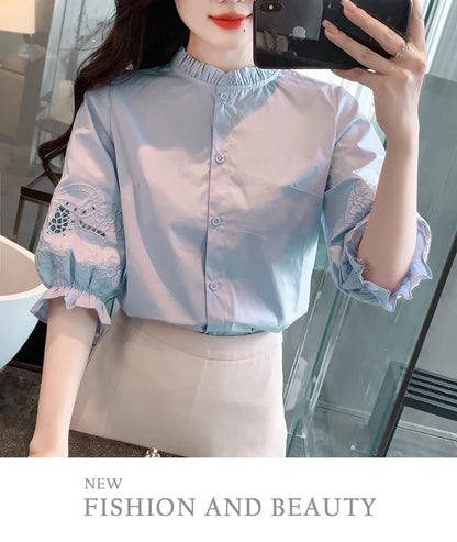Ele Embroidered ort Sve irt Women's Summer New Design Korean Sle Commute Lantern Sve White irt for Ladies