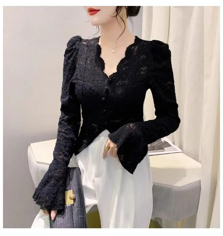 Spring Summer Lace T-shirt Slim Women V-neck Long Sleeve Shirt Button Irregular Short Tops Puff Sleeves Vintage Chic Design Tees