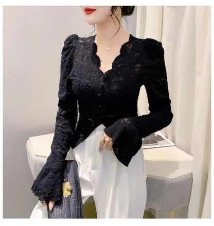 Spring Summer Lace T-shirt Slim Women V-neck Long Sleeve Shirt Button Irregular Short Tops Puff Sleeves Vintage Chic Design Tees