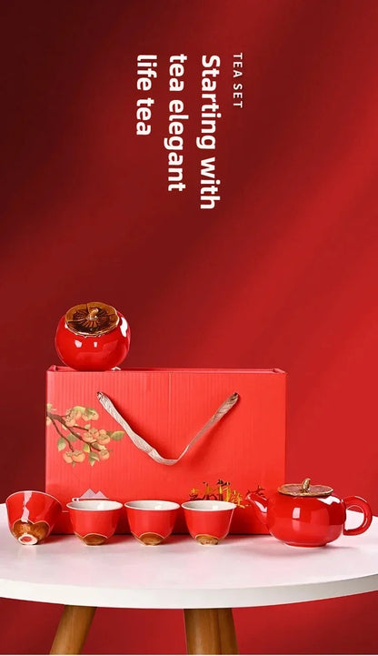 Auspicious Red Ceramic Tea Set Gift Box - Chinese New Year Wedding Corporate Gifts, Good Fortune Design Teapot & Cups