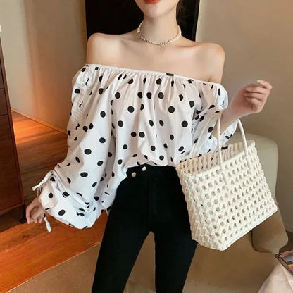 JOEVILU Polka Dot Shirt Off Shoulder Bubble Sleeve Tops Women's White Loose Simple Top French Casual Blouse In Spring and Summer