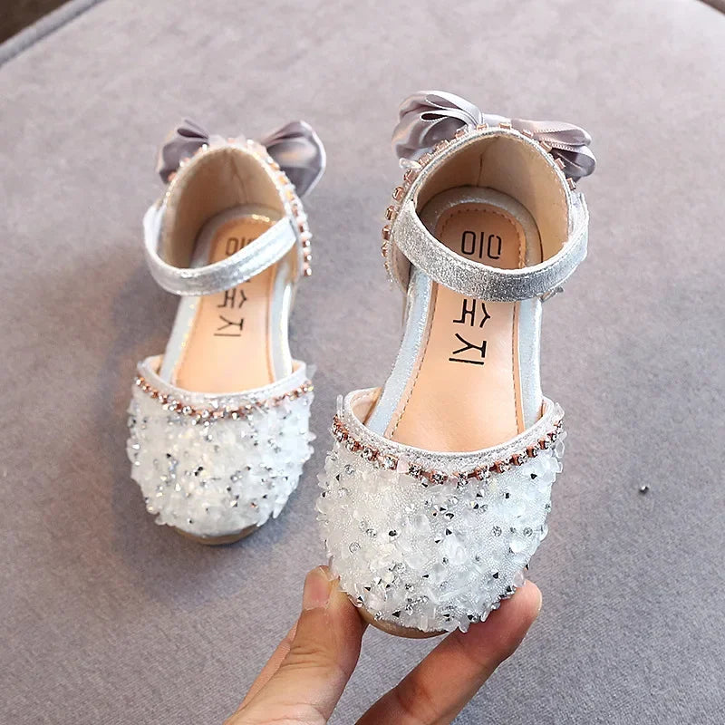 2023 Crystal Bow Single Shoes Summer Girls Fashion Princess Soft Shoes Children Pu Leather Flat Baby Rhinestone Sandals A986