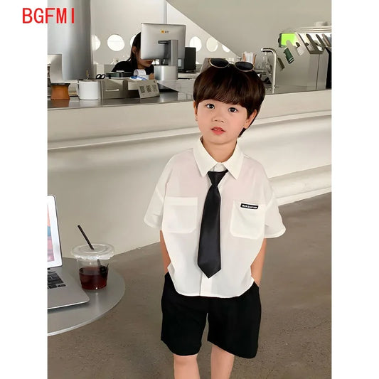 Teens Boys Summer Set Children's Wear Thin 2025 New Handsome British Style Boy White Cotton Short Sleeved Shirt+Black Shorts+Tie