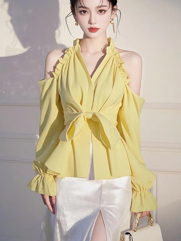 Design sense off shoulder bow yellow shirt women's spring high-end unique niche super good-looking beautiful top