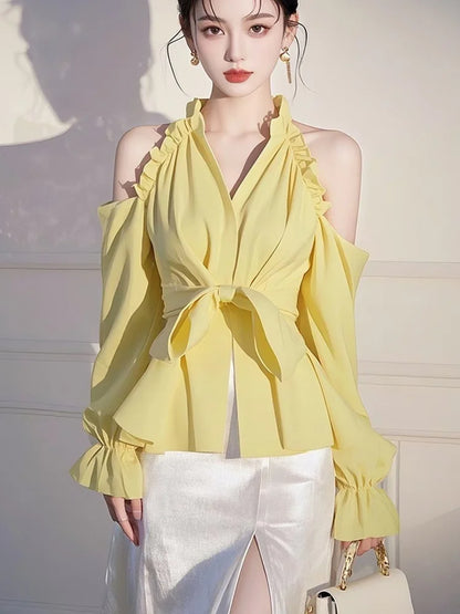 Design sense off shoulder bow yellow shirt women's spring high-end unique niche super good-looking beautiful top