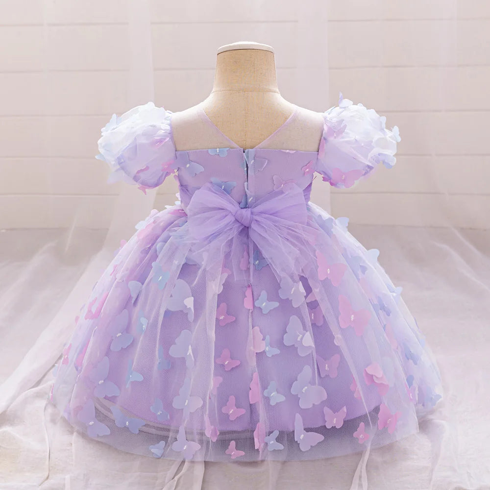 Toddler Girl Party Dress Colorful Gradient 3D Butterfly Prom Gown Girl Bow Lace Birthday Wedding Princess Summer Dresses Evening